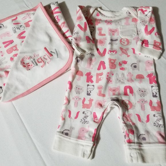 Gymboree Brand New Baby {Alpa-BEAR-Soup} Used Blanket & 0-3 month Romper. - Picture 2 of 6